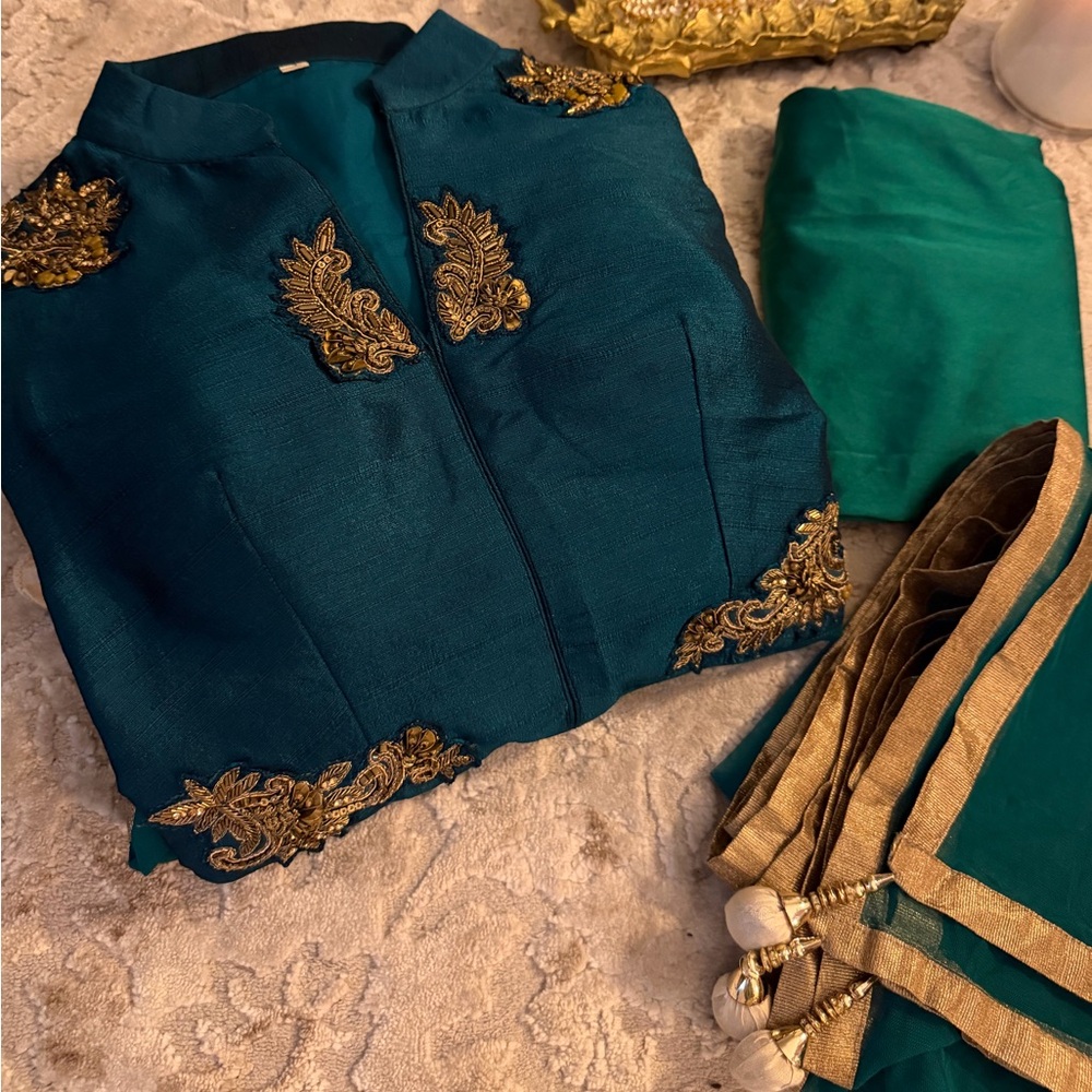 Teal & Pearl 3 Piece Zardosi Gown Set w/ Pants & Orna